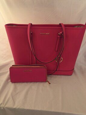 Michael Kors Hot Pink Saffiano Leather Tote and Matching Wallet